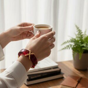 Women's Bracelet Fashion Jewelry Cherry Red Lucite Plastic Gold X Rope Bracelet